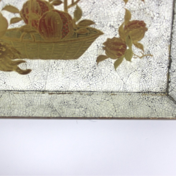 Antique Japanese Lacquered Wood Tray Square White and Gold Bird and Fruit - Picture 3 of 8